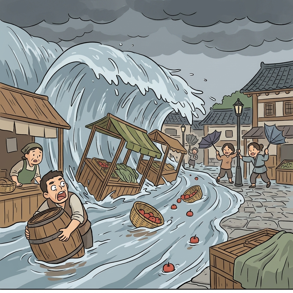 A sudden deluge floods the village square, sweeping away market stalls in minutes.