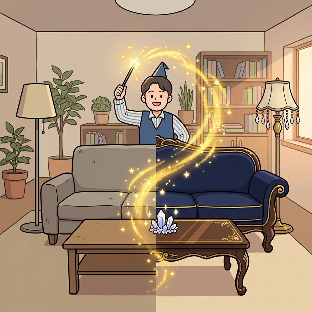 "될 럭스!"를 외치자 평범한 가구가 순식간에 고급 가구로 변했다. (lux =빛(light) → 반짝반짝 빛나는 최고급 제품)