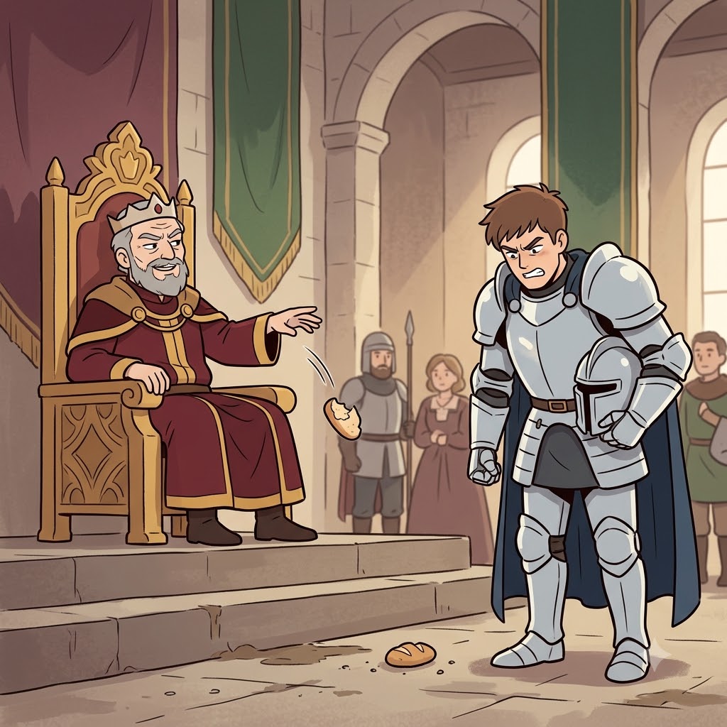 The arrogant king threw the bread on the dirt floor to demean the proud knight.
