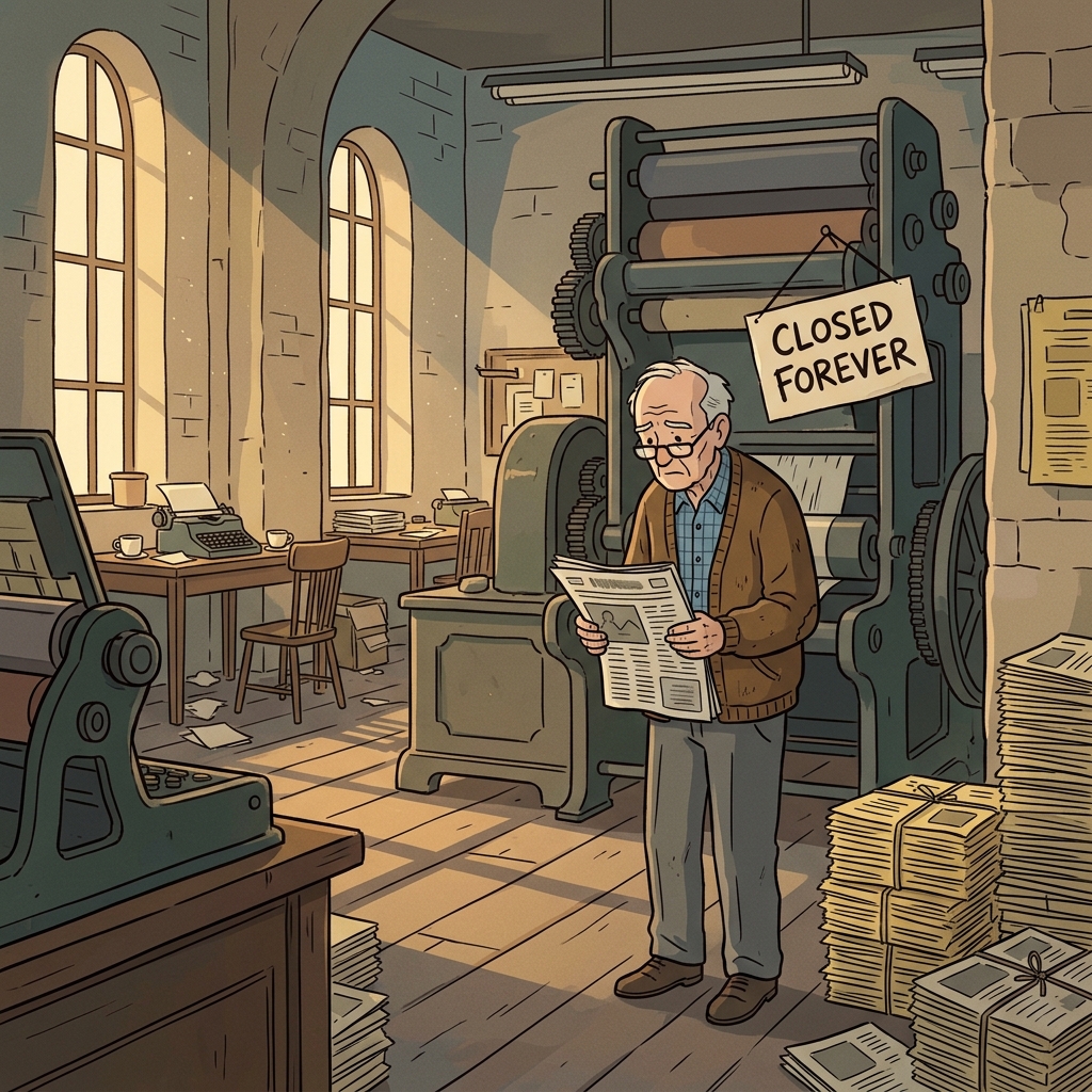 The demise of the old newspaper left the empty printing hall silent forever.