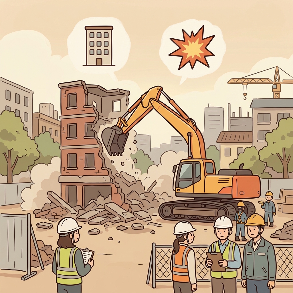 The crew demolished the old building with heavy machinery. (🏗️ Building + 💥 Knock Down → Demolish)