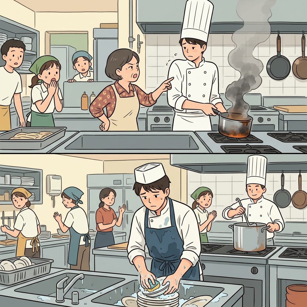 The manager was demoted from head chef to dishwasher after burning the soup.