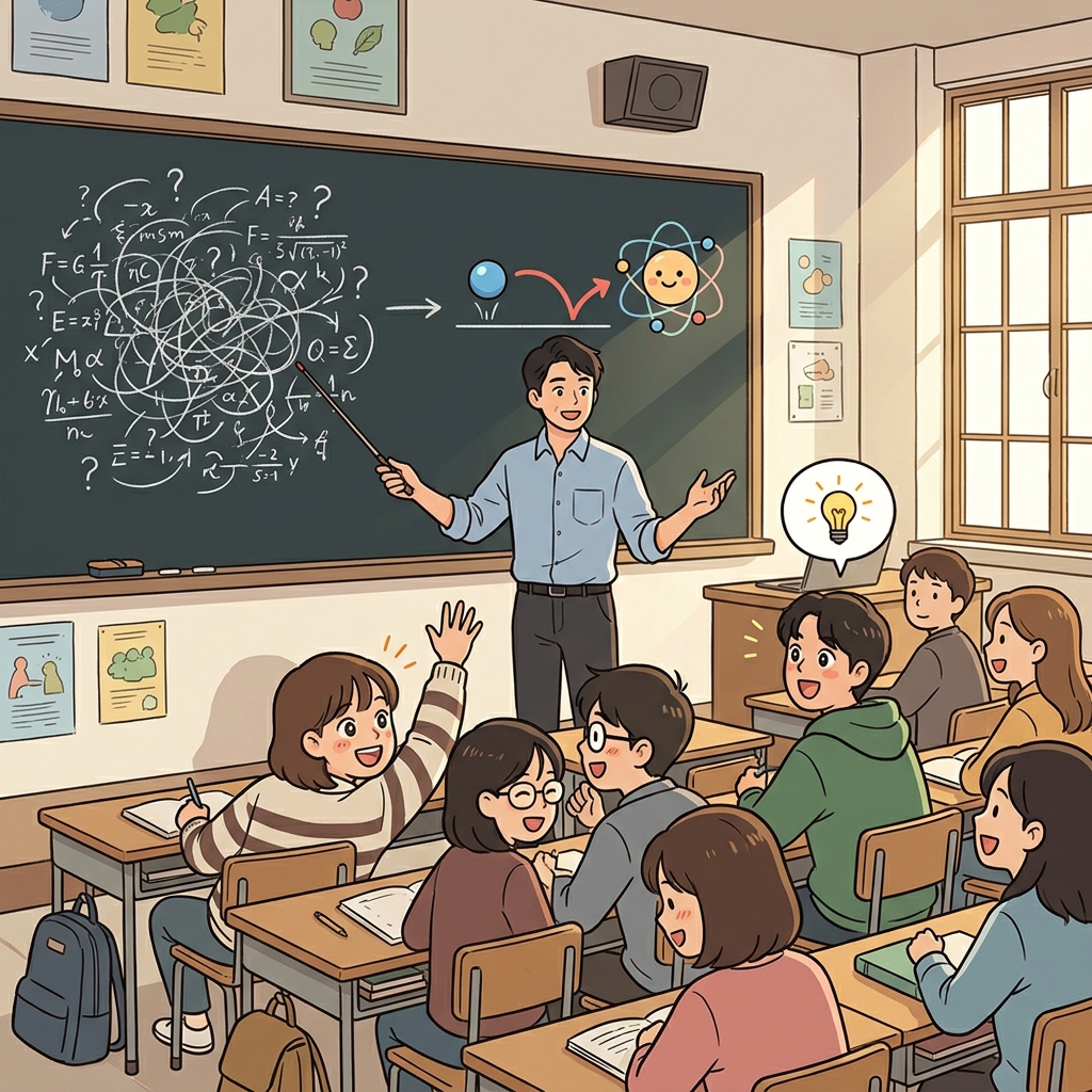 The professor uses a simple diagram to demystify quantum physics for curious students.