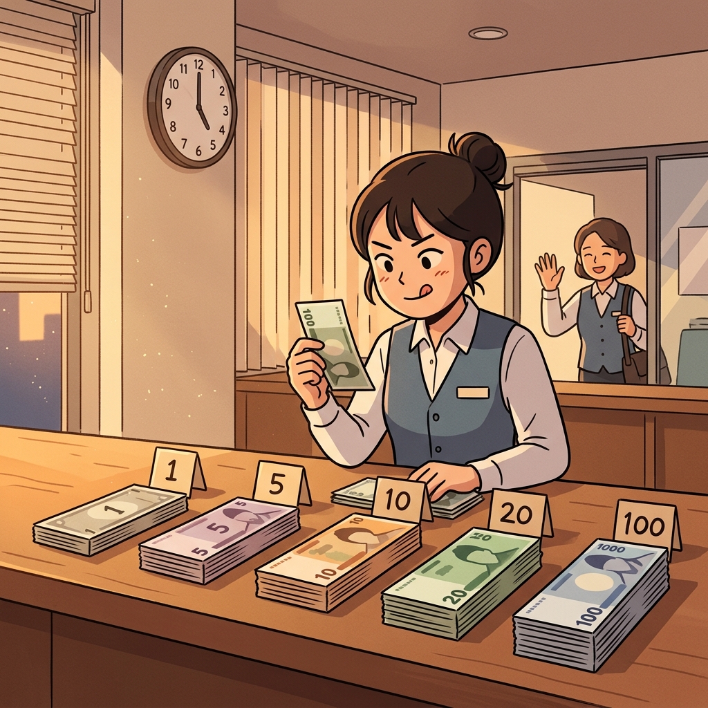 She sorts bills by denomination before closing the cash register.