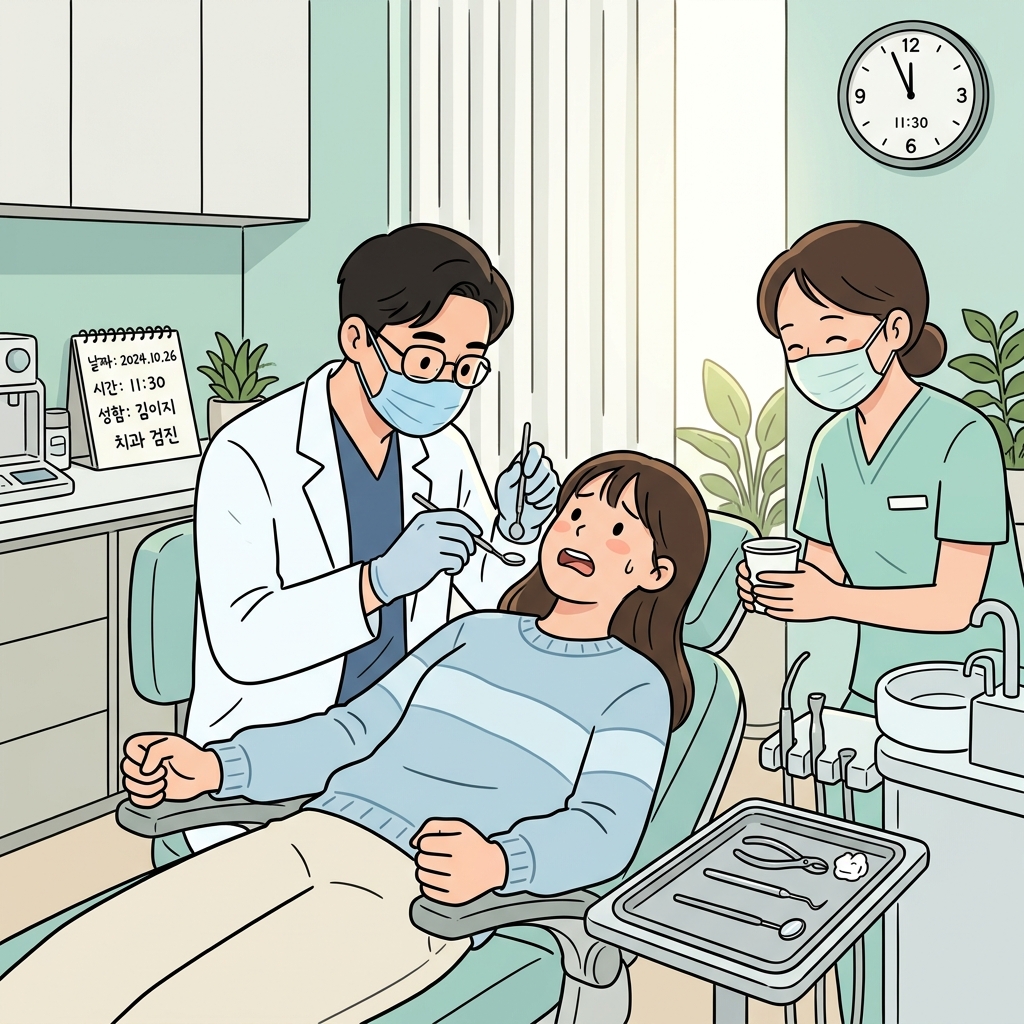 치과 예약 시간이 되자 그녀는 진료 의자에 긴장한 채 앉아 있다.