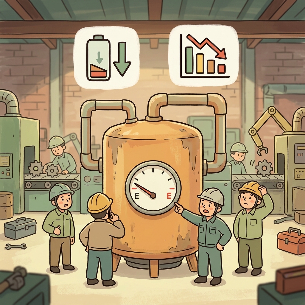 The factory depleted its fuel before production stopped. (🪫 Use Up + 📉 Almost Empty → Deplete)