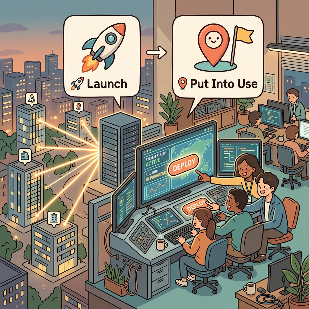 The company deployed the new software across all offices. (🚀 Launch + 📍 Put Into Use → Deploy)