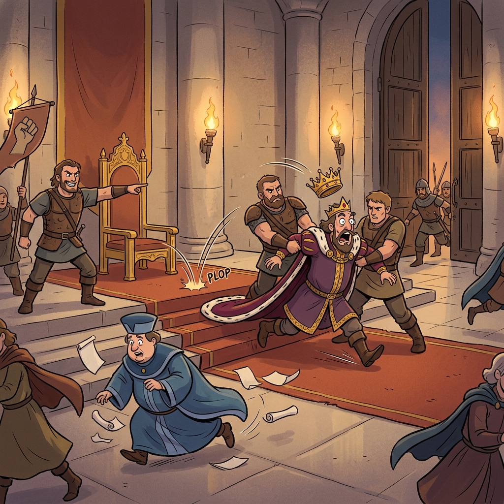 The rebels depose the tyrant king and drag him from his golden throne.