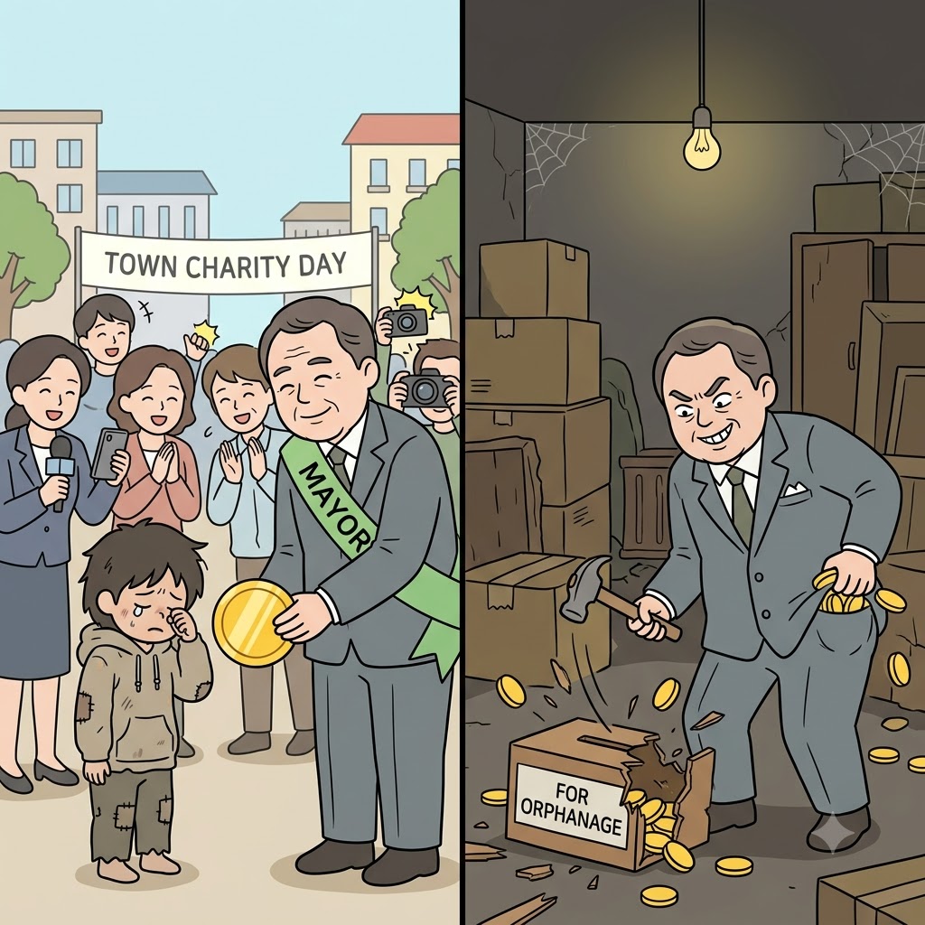 While pretending to help the poor in public, the mayor secretly stole the charity money, showing absolute depravity.