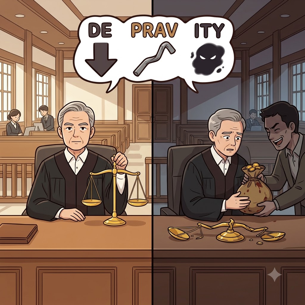 DE(completely) + PRAV(crooked) + ITY(state of) — entering a state(ITY) of being completely(DE) crooked(PRAV), the judge took bribes, proving his depravity.
