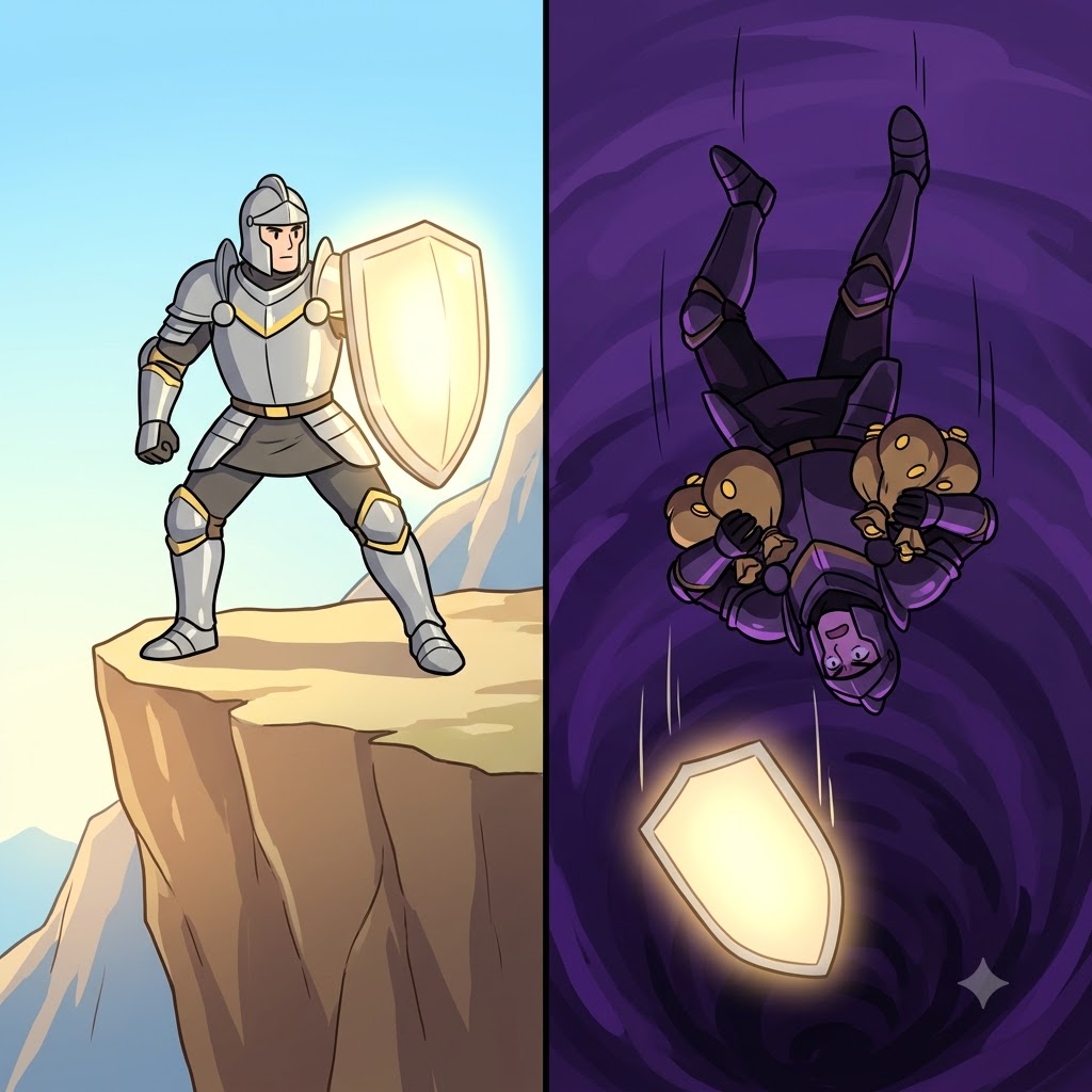 Losing all moral gravity, the once noble knight fell into dark depravity, stealing gold from the weak.