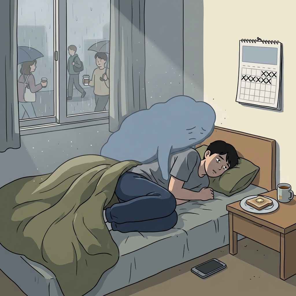 며칠째 침대에서 못 일어나고 있다. 우울함이 그를 짓누른다.