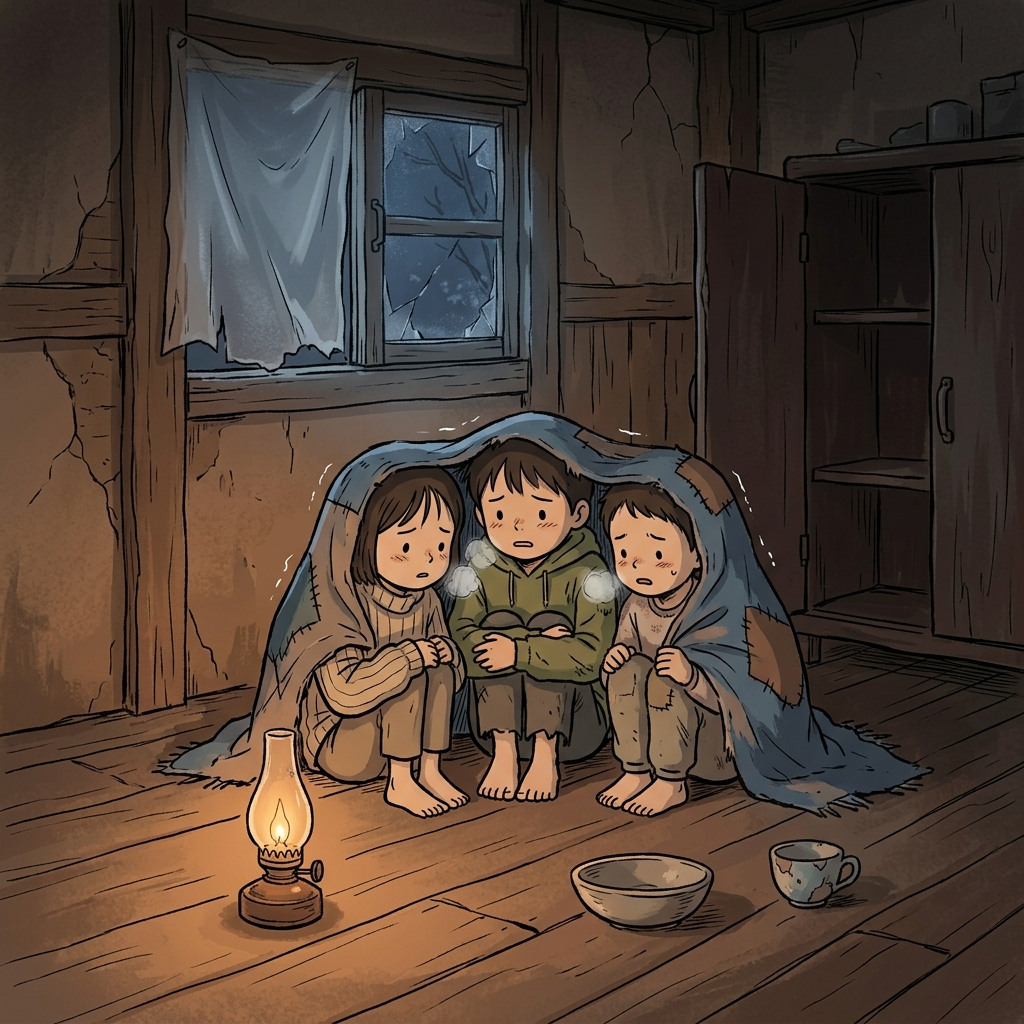가난한 마을 아이들이 추운 겨울밤 얇은 담요 하나를 나눠 덮는다.