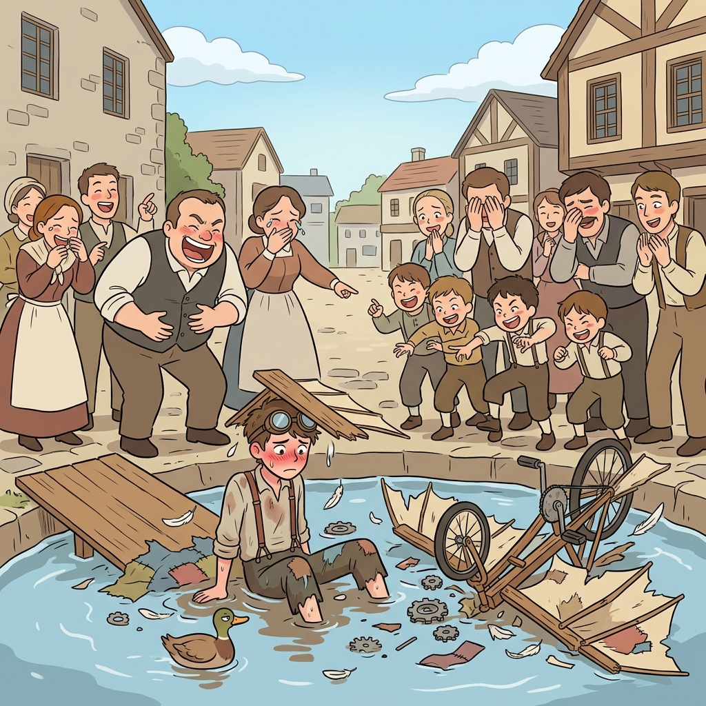 The crowd began to deride the inventor as his flying machine crashed into the pond.