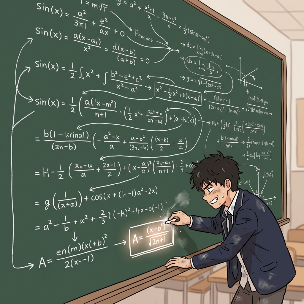The exhausted student filled the entire chalkboard, finally completing the complex derivation of the final math formula.
