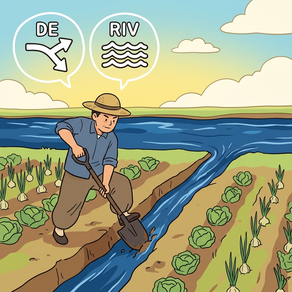 DE(away from) + RIV(river) — a derivation originally meant physically digging a new stream away from the main river.
