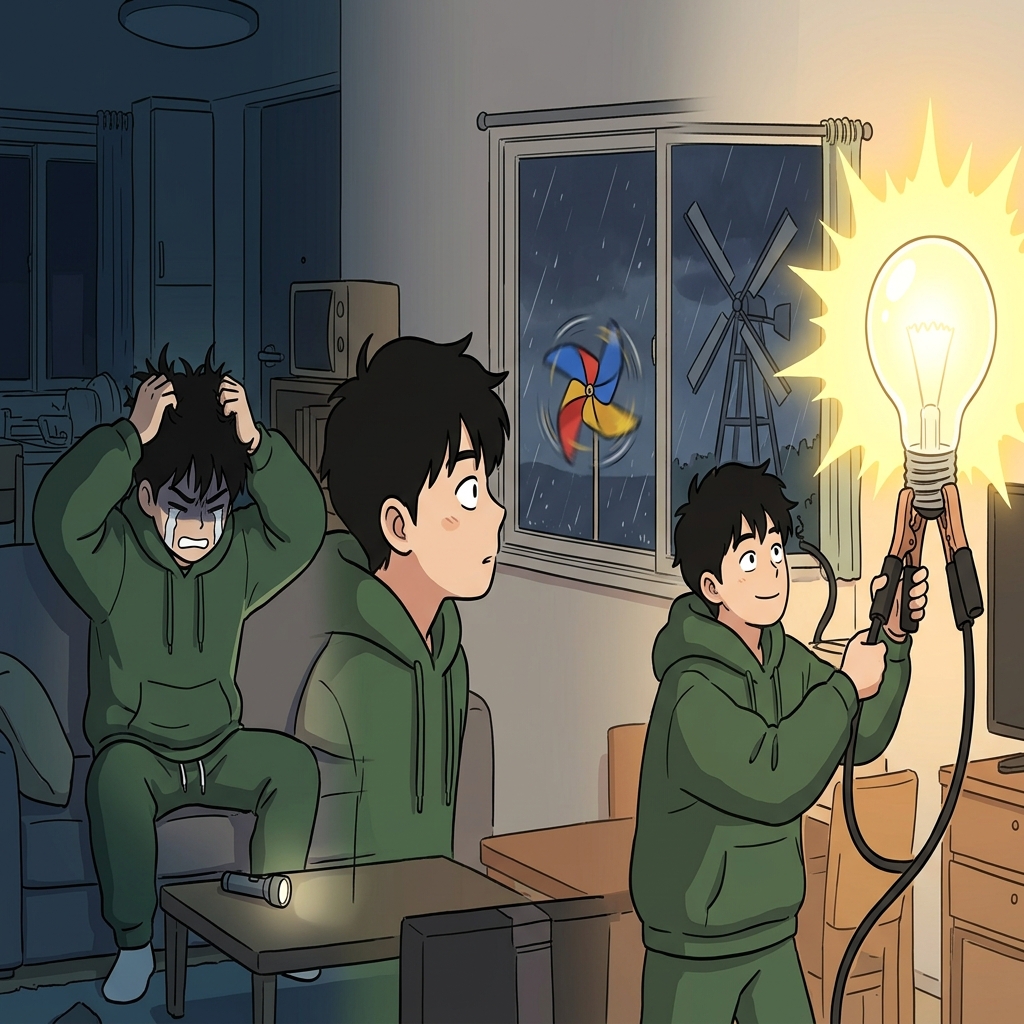 Overcoming the dark frustration, a sharp observation of the strong wind led to the successful derivation of electricity.
