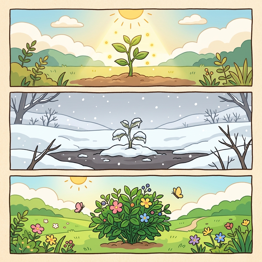 Plants derive energy from sunlight, survive harsh winters, and thrive in spring.