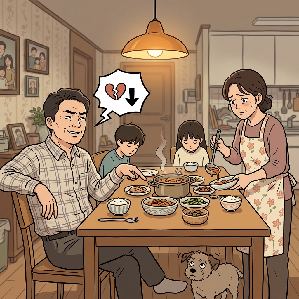 그가 그녀 요리에 대해 비하하는 말을 하자 식탁이 조용해졌다.