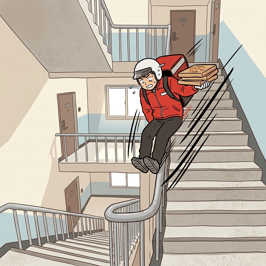 To save time, the frantic delivery driver decided to descend by aggressively sliding down the long staircase railing.