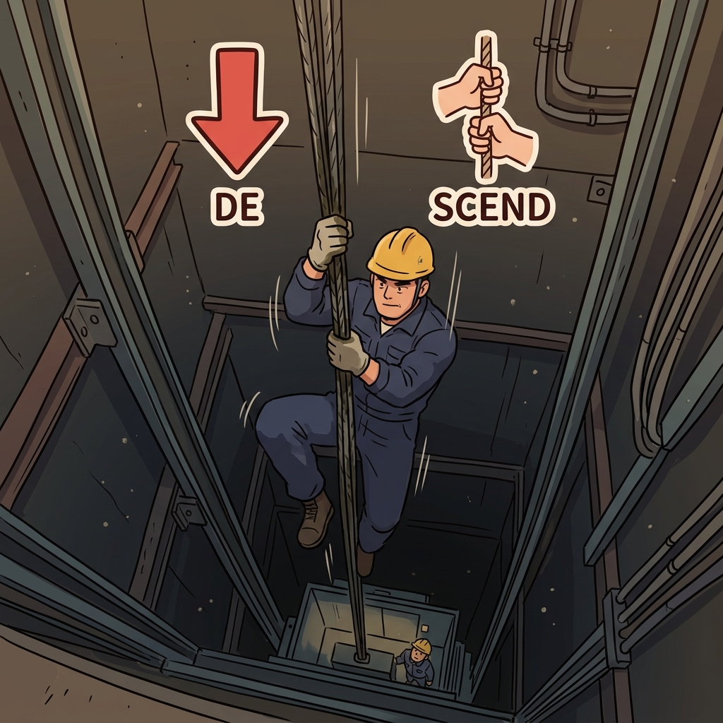 DE(down) + SCEND(climb) — to descend is literally to climb down a steep and dangerous surface.