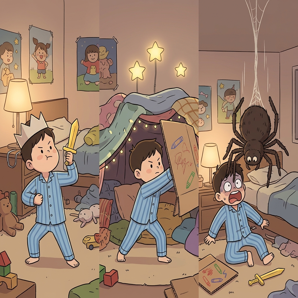 The boy tried to pretend he was brave and defend his pillow fort, but screamed when a massive spider began to descend from the ceiling.