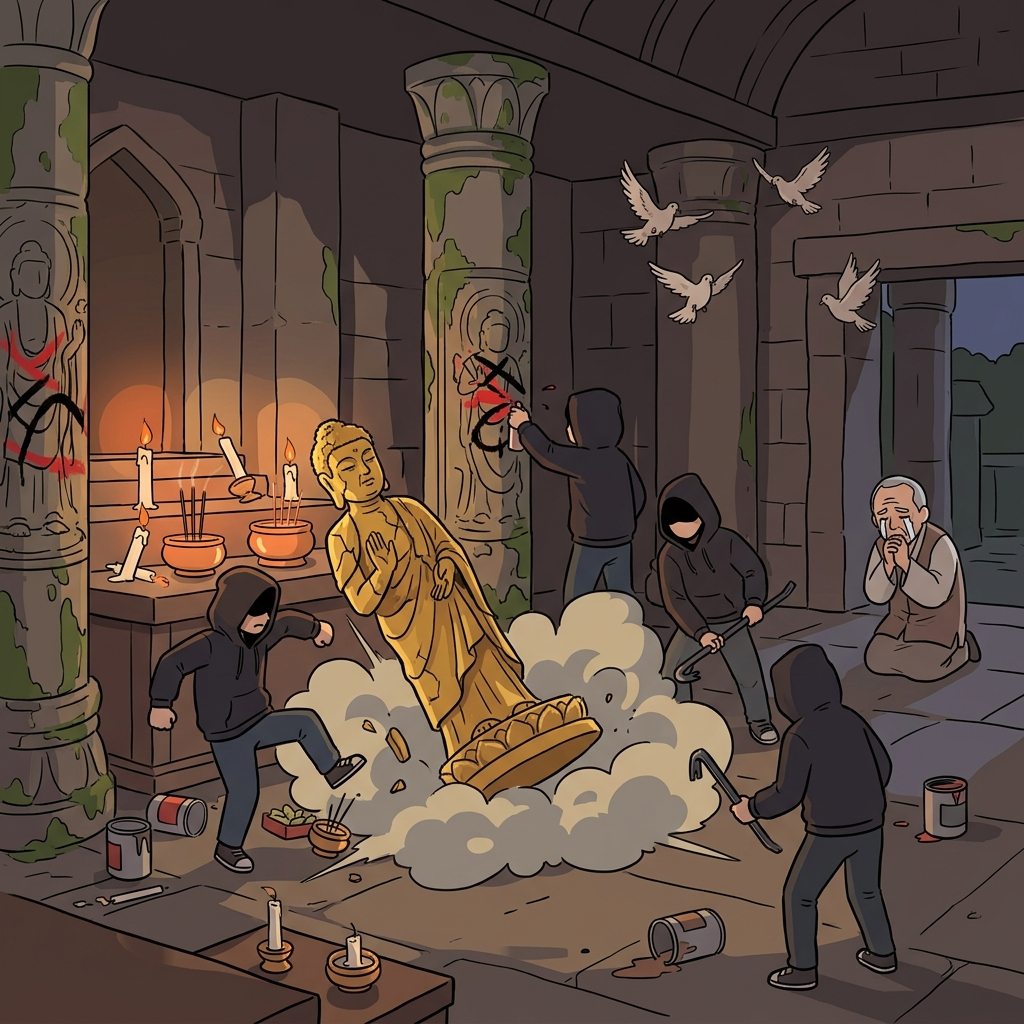 Vandals desecrate the ancient temple, toppling sacred statues and spraying graffiti.