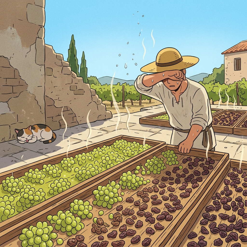 The scorching sun will desiccate the grapes into raisins on the wooden trays.