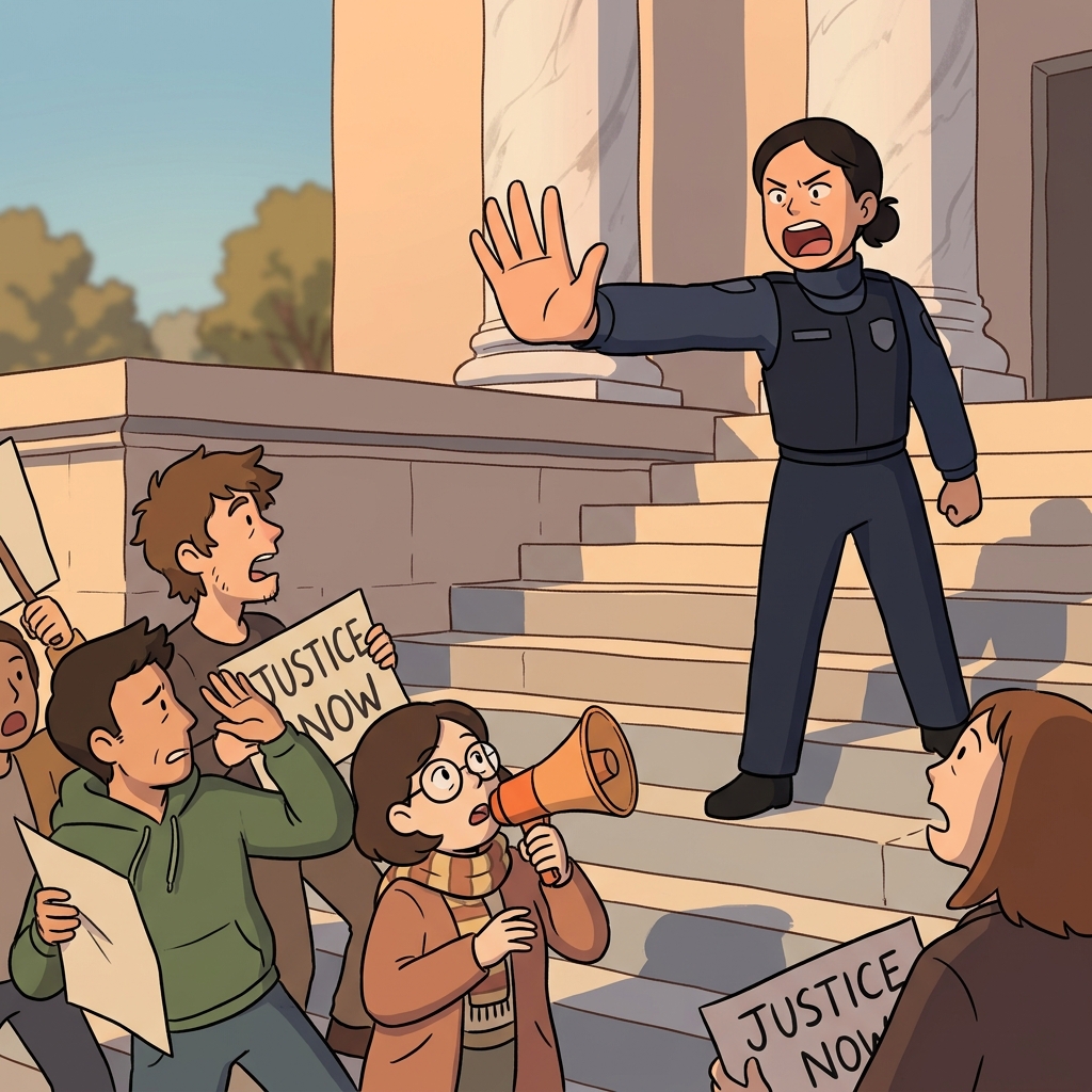 The officer ordered the crowd to desist from shouting near the courthouse.