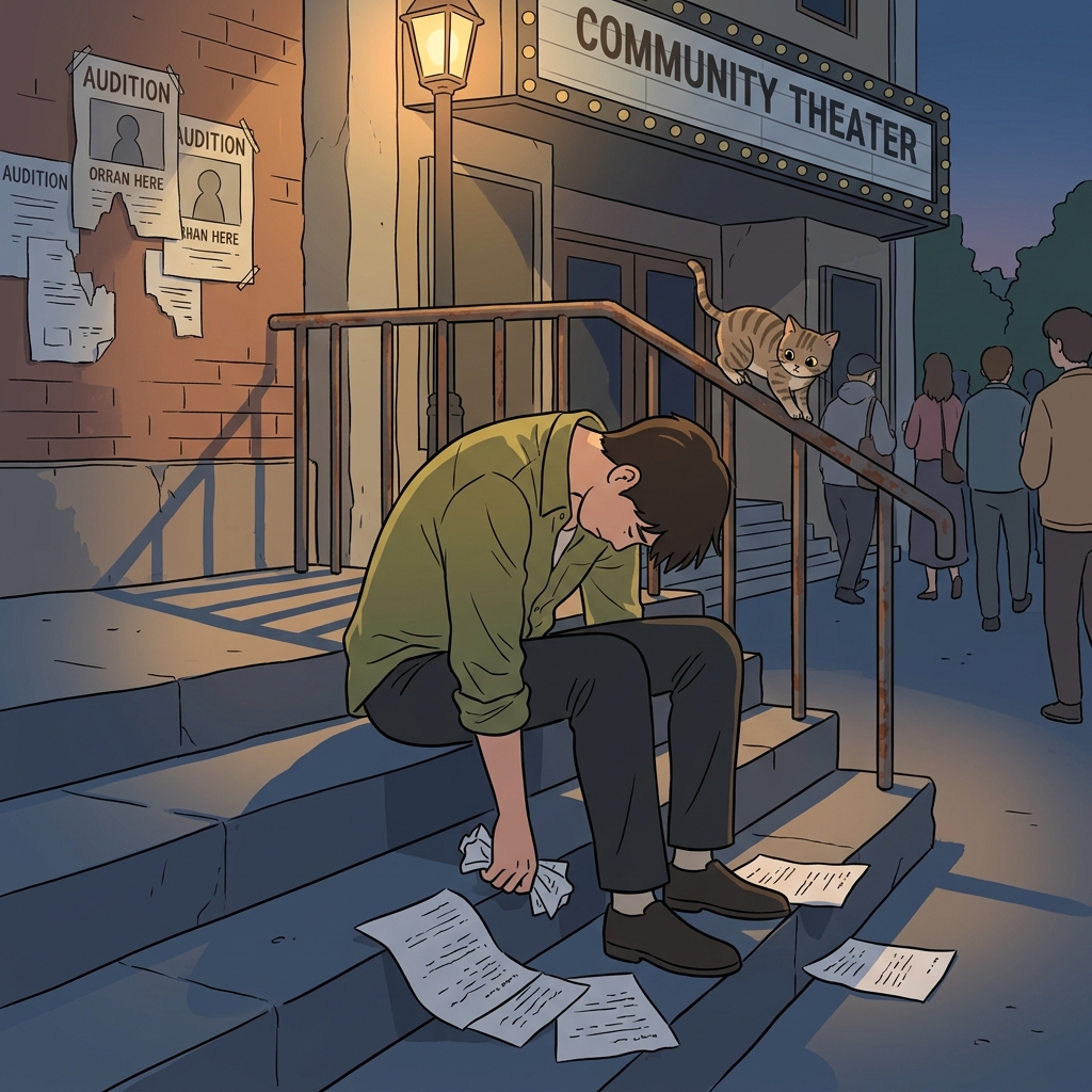 After failing the audition, he sat despondent on the empty theater steps.