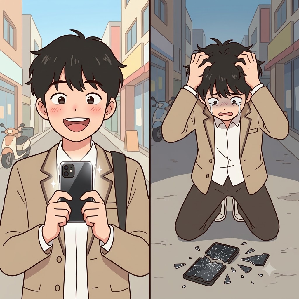"디스(des) 폰(pond) 던(dent)졌어!" 새로 산 비싼 스마트폰을 실수로 바닥에 떨어뜨려 박살 낸 소년은 완전히 낙담했다(despondent).