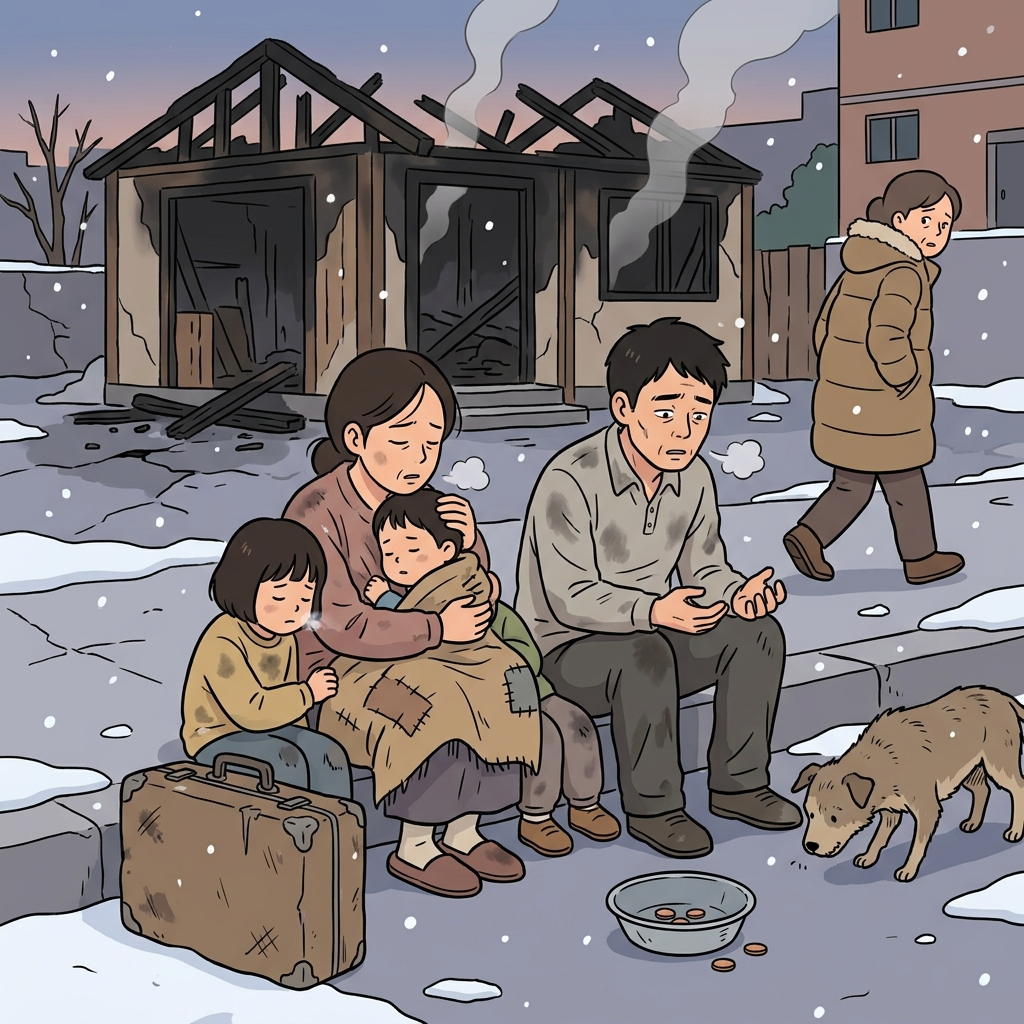 화재로 모든 걸 잃은 가족이 길거리에 나앉았다.