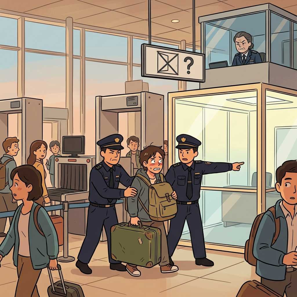 Airport officers detain a nervous traveler for extra questioning at customs.