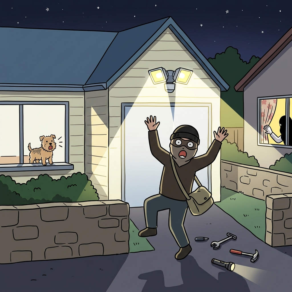 Bright motion-sensor lights deter the burglar from approaching the house.