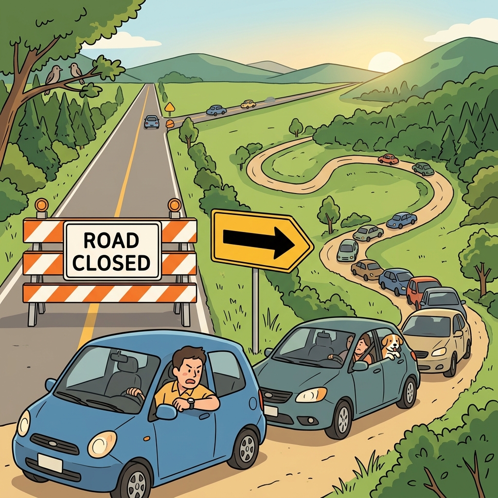 The road is closed, so drivers take a long detour through the mountains.