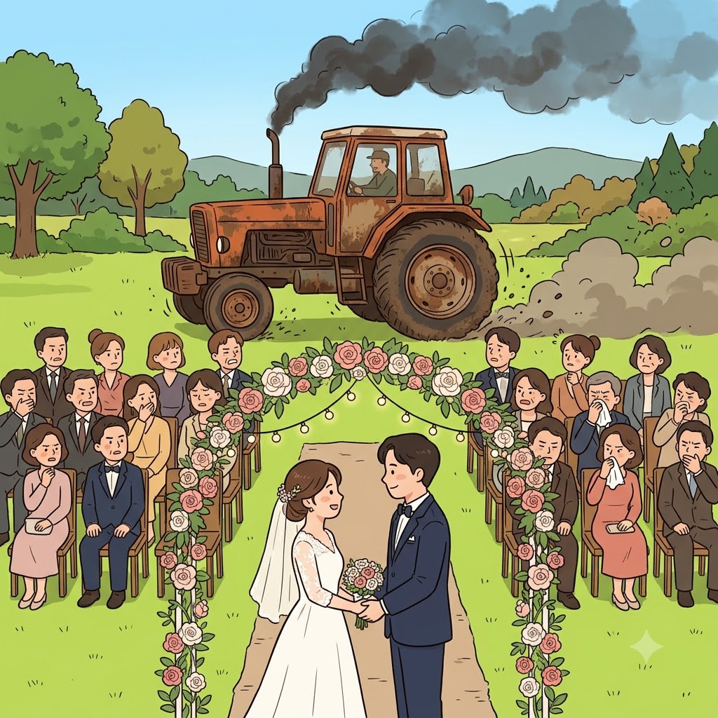 결혼식 뒤에서 시끄럽게 지나간 트랙터는 로맨틱한 분위기를 크게 망치는 요소였다(detraction). ("뒤(de) 트랙터(tract)가 분위기를 망치잖아!")