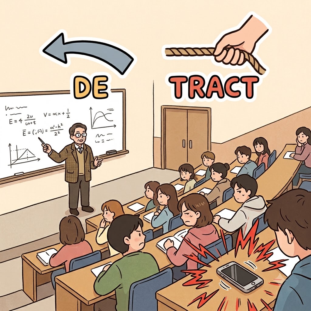 DE(멀리) + TRACT(끌다) — 울리는 전화는 훌륭한 강연의 집중을 크게 떨어뜨리는 요소(detraction)가 되었다.