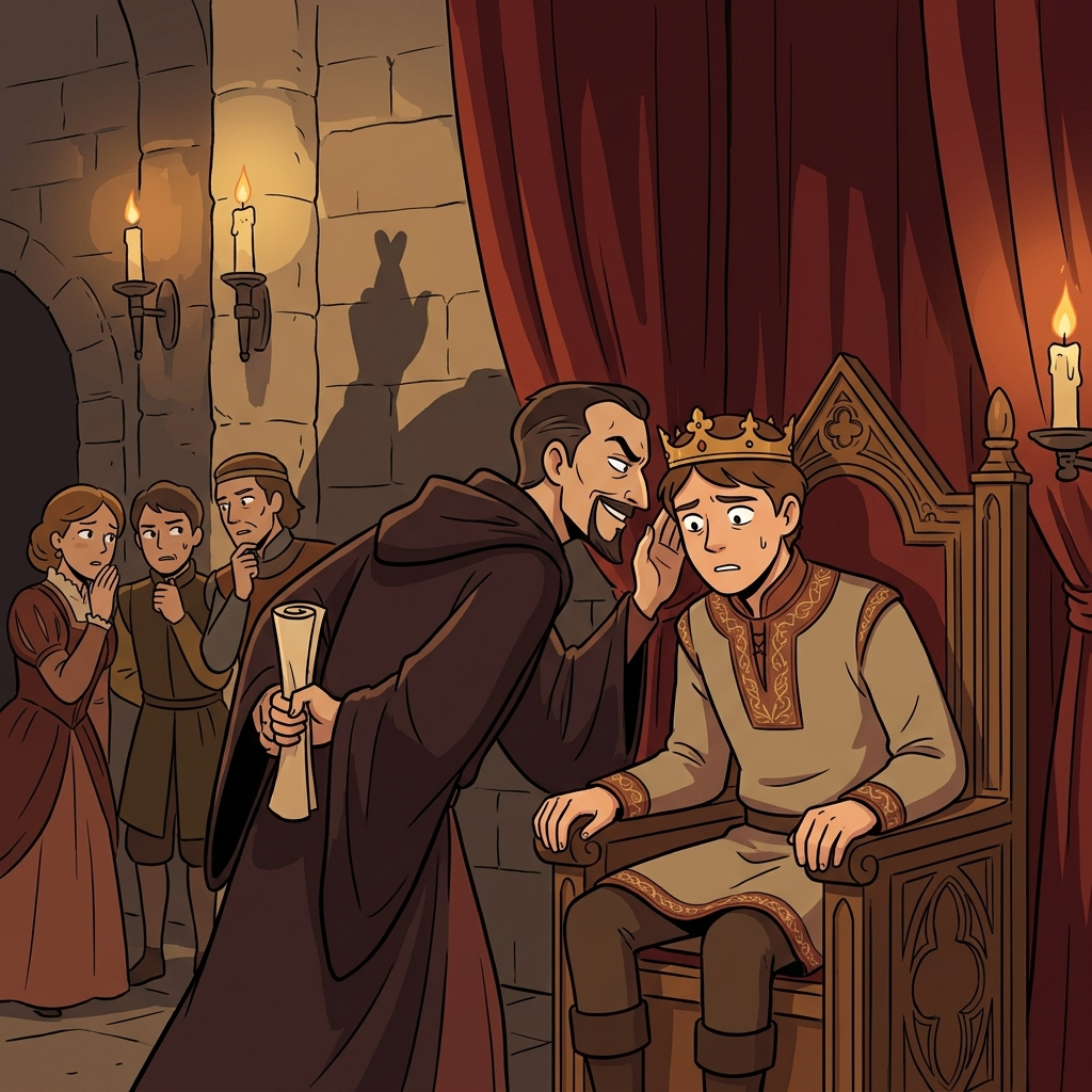 The devious advisor whispers a false plan to mislead the young king.