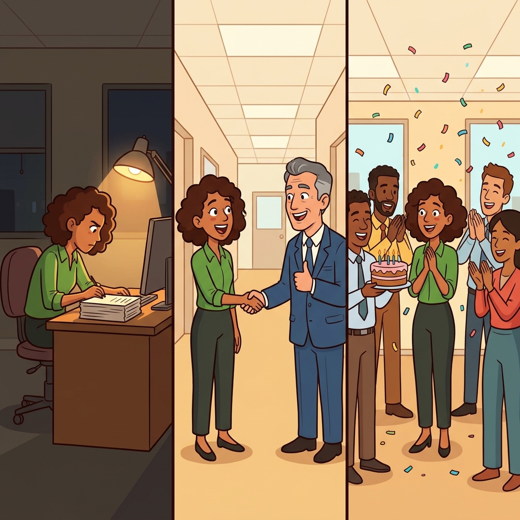 Because she was devoted to her work, she was promoted and celebrated by her team.