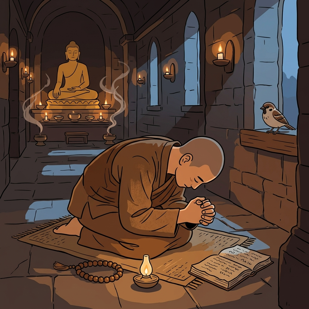 The devout monk prays before dawn, forehead pressed to the cold temple floor.
