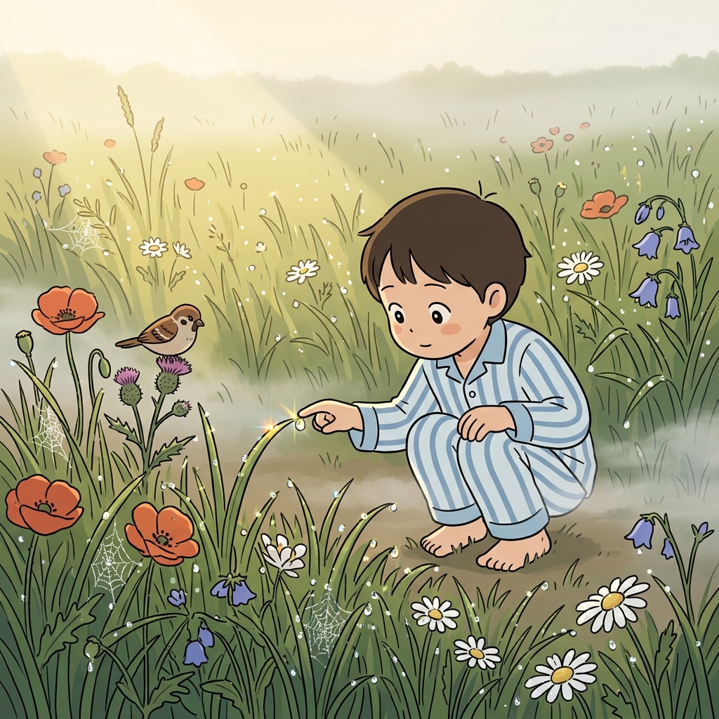 이른 아침, 풀잎마다 이슬이 반짝인다.