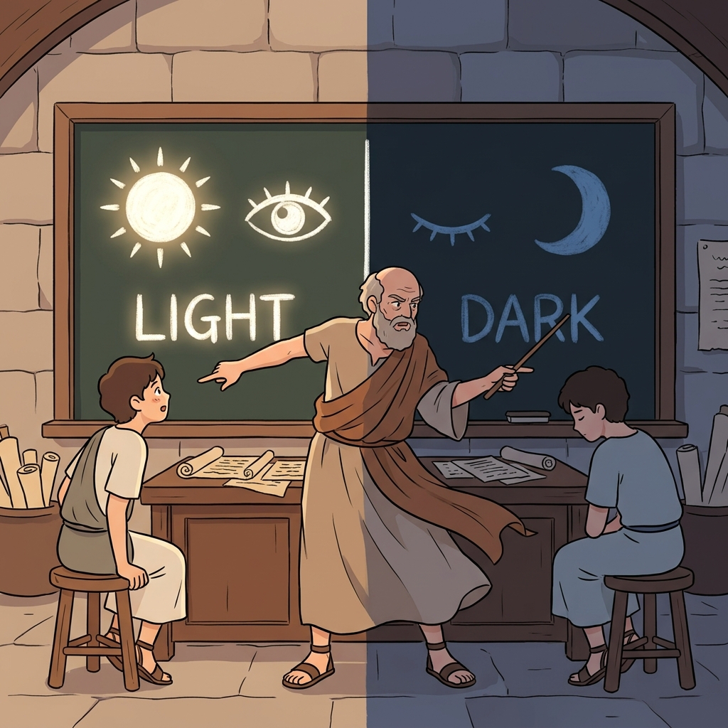 The philosopher's chart splits everything into a stark dichotomy of light and dark.