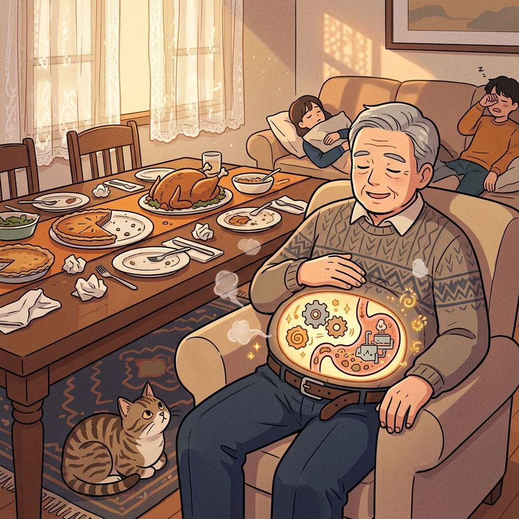 After the huge feast, grandpa slowly leans back to digest his massive Thanksgiving dinner.