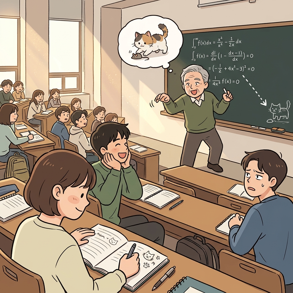 The professor started to digress from calculus into his cat's antics.