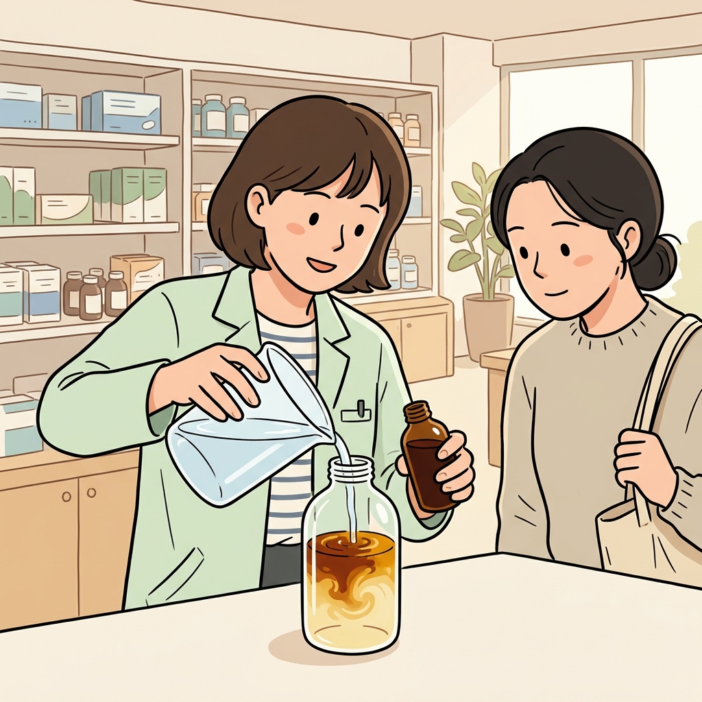 약사는 아이에게 주기 전에 약을 희석했다. (물을 들이붓는다. → 진한 것이 묽어진다)