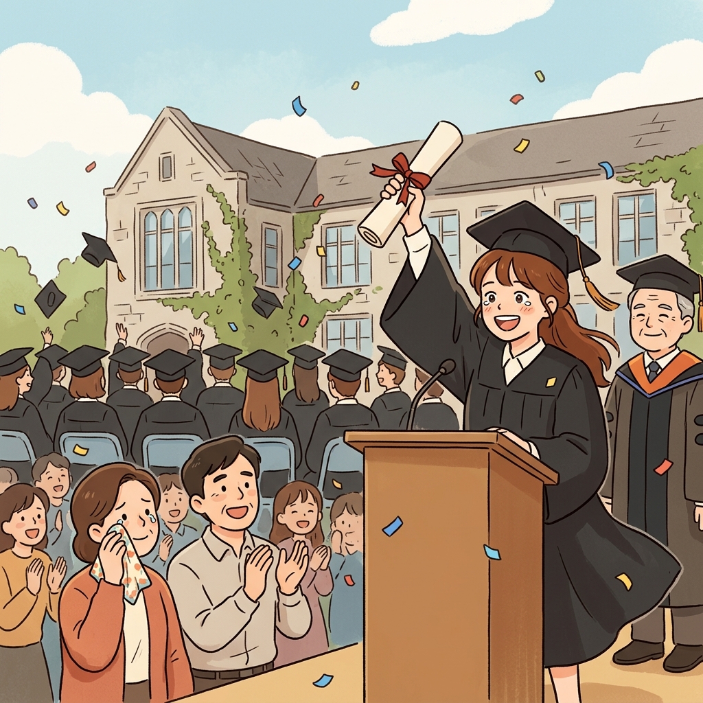 She proudly holds her diploma after four long years of study.
