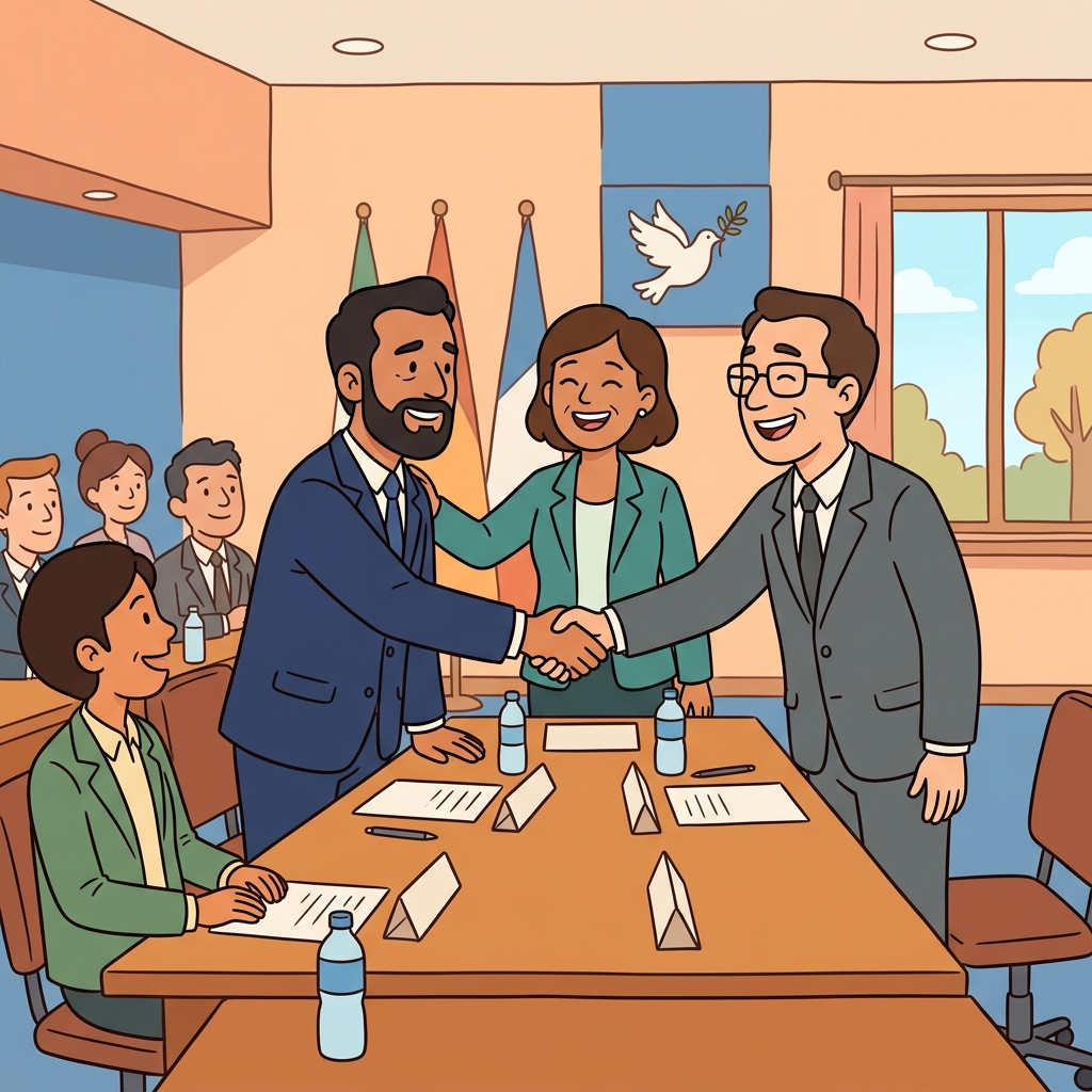 The diplomats made peace by listening to both sides and reaching an agreement. (DIPLOMACY → DIPLOMATS MAKE PEACE → diplomats talk calmly to make peace between opposing sides)