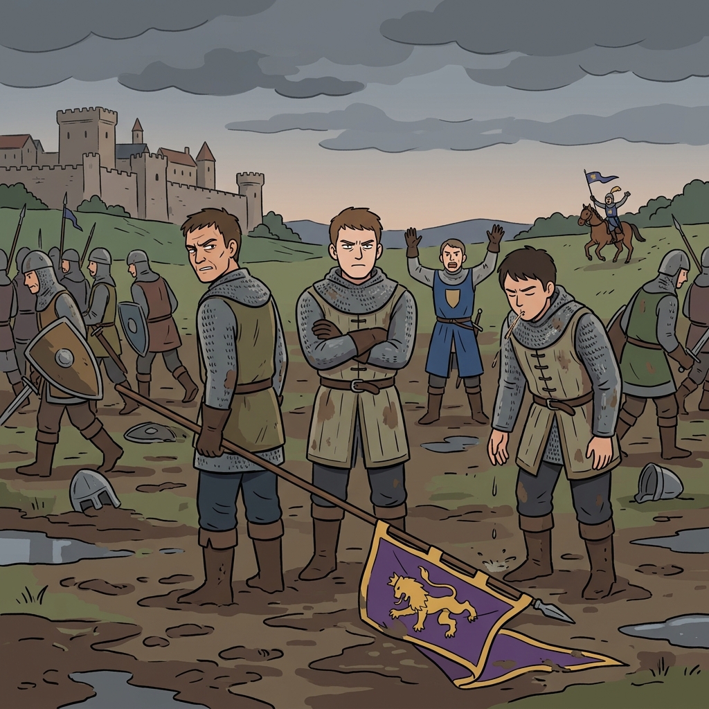 The disaffected soldiers lowered their banners, refusing to fight for the king anymore.