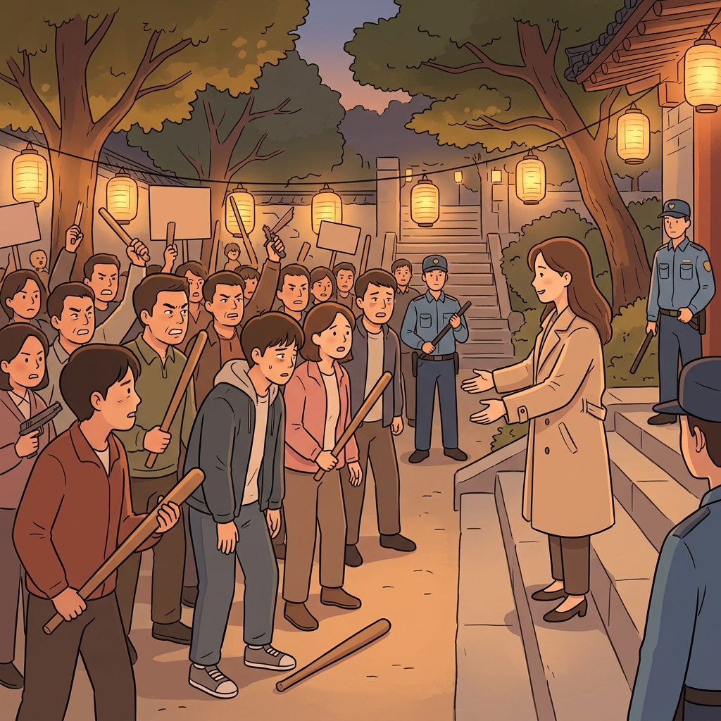 협상가의 따뜻한 미소에 화났던 사람들이 무기를 내려놨다.