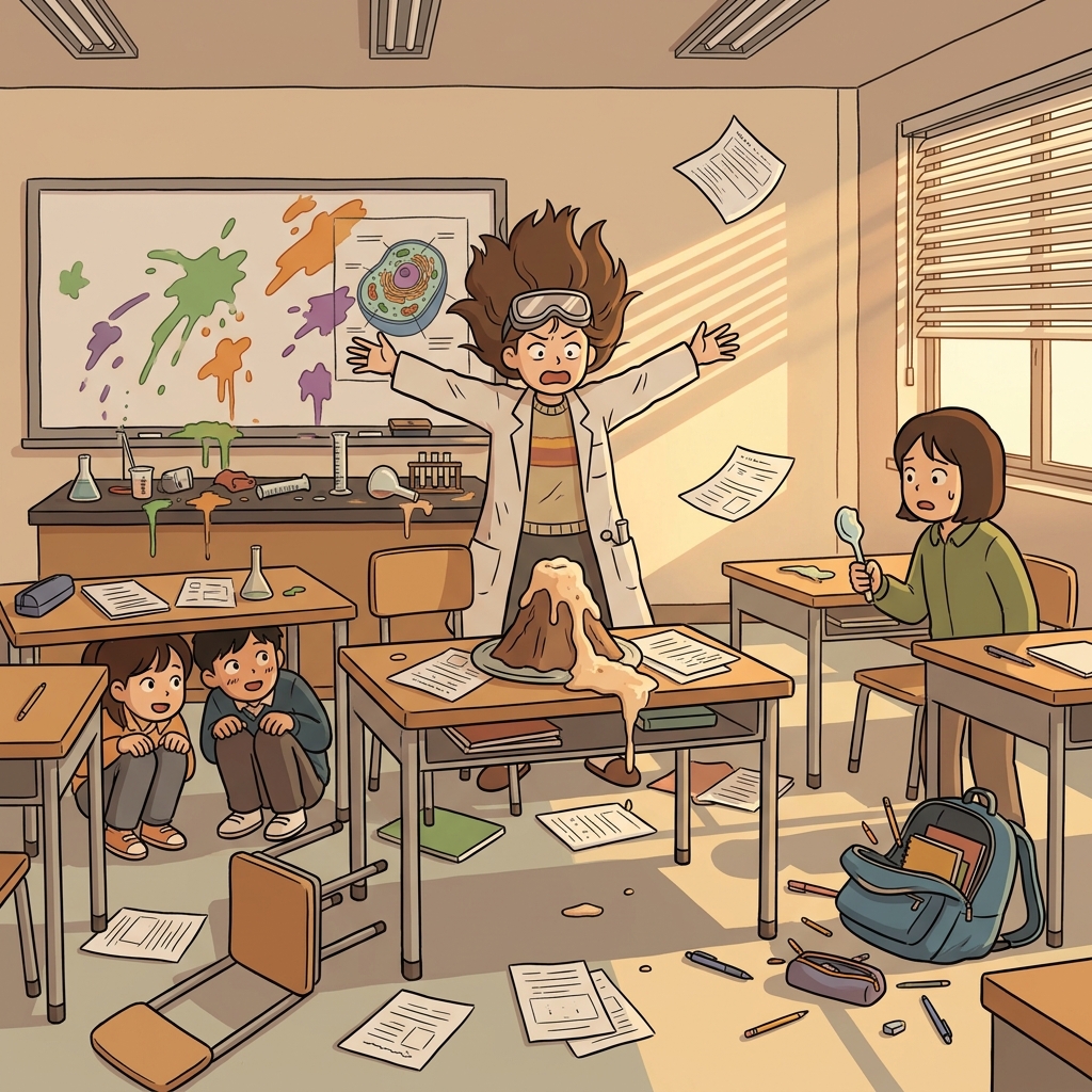 The classroom was in complete disarray after the science experiment went wrong.